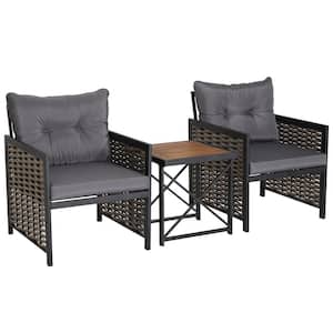 3 -Pieces Patio Rattan Furniture Set Acacia Wood Coffee Table and 2 Chairs Backyard in Gray
