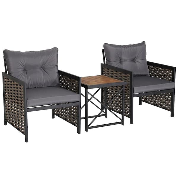 Costway 3 -Pieces Patio Rattan Furniture Set Acacia Wood Coffee Table and 2 Chairs Backyard in Gray