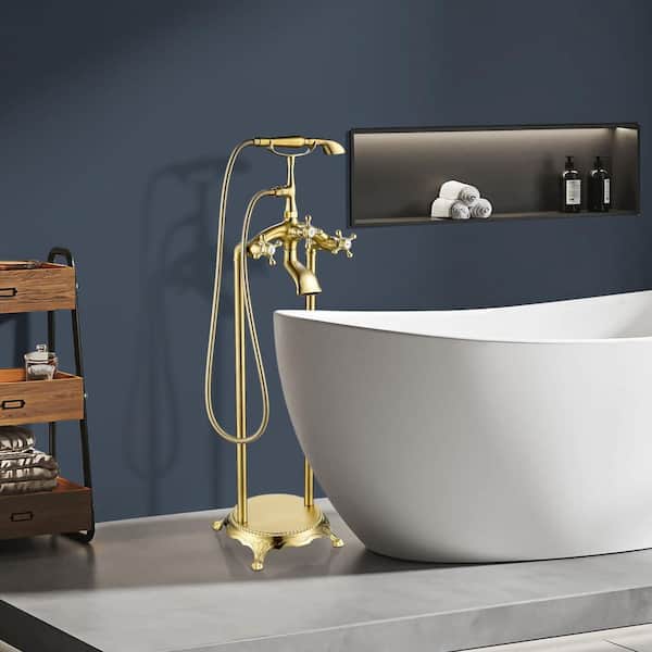 Satico 39-3/4 in. 2-Handle Freestanding Tub Faucet with Hand Held Shower Head in. Titanium Golden