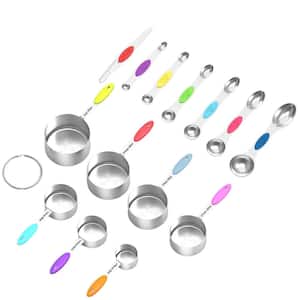 14 Silver Measuring Cup and Magnetic Spoons Set, 6 Double-Sided Stainless Steel Measuring Spoons & 1 Leveler