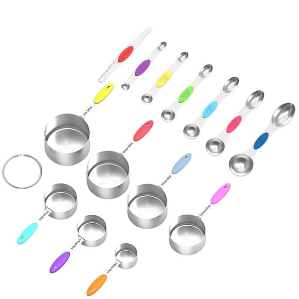 Adrinfly 14-Silver Measuring Cup and Magnetic Spoons Set, 6-Double-Sided Stainless Steel Measuring Spoons and 1-Leveler