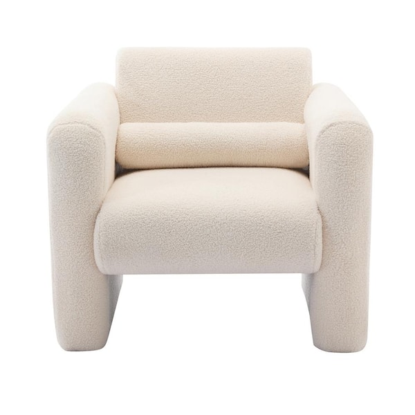 Unbranded Beige Lambskin Sherpa Fabric Accent Armchair Comfy Reading Arm Chair Soft Cushion Armchair with Back and Lumber Pillow