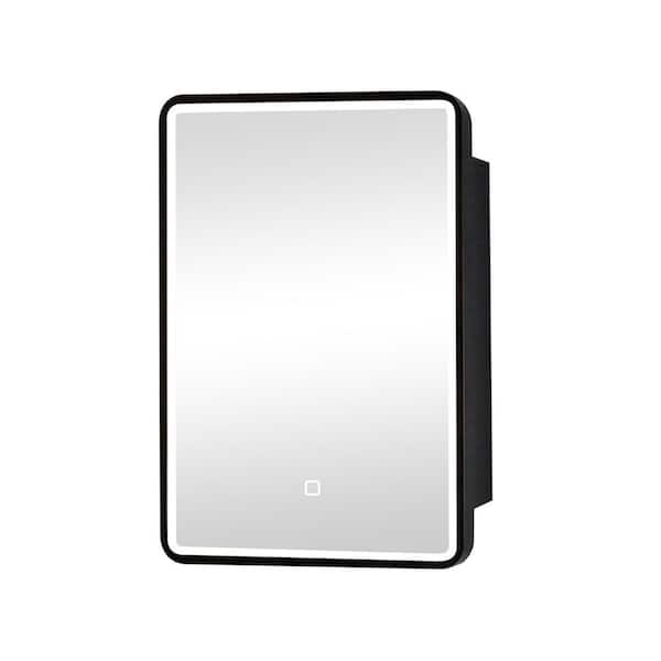 24 in. W x 30 in. H Rectangular Wall Mounted Black Iron LED Medicine Cabinet with Mirror, Removable Shelves, Left Open