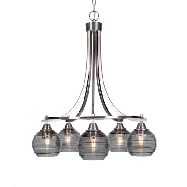 Unbranded Madison 5-Light Brushed Nickel Round Chandelier with 6 in. Smoke Ribbed Glass Shades, No bulbs included
