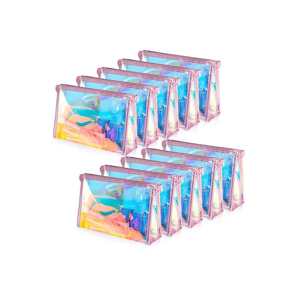 Holographic Pink Cosmetic Toiletry Bags, 10-Pack Clear Zippered Makeup Pouches for Travel, Party Favors, Bridal Events