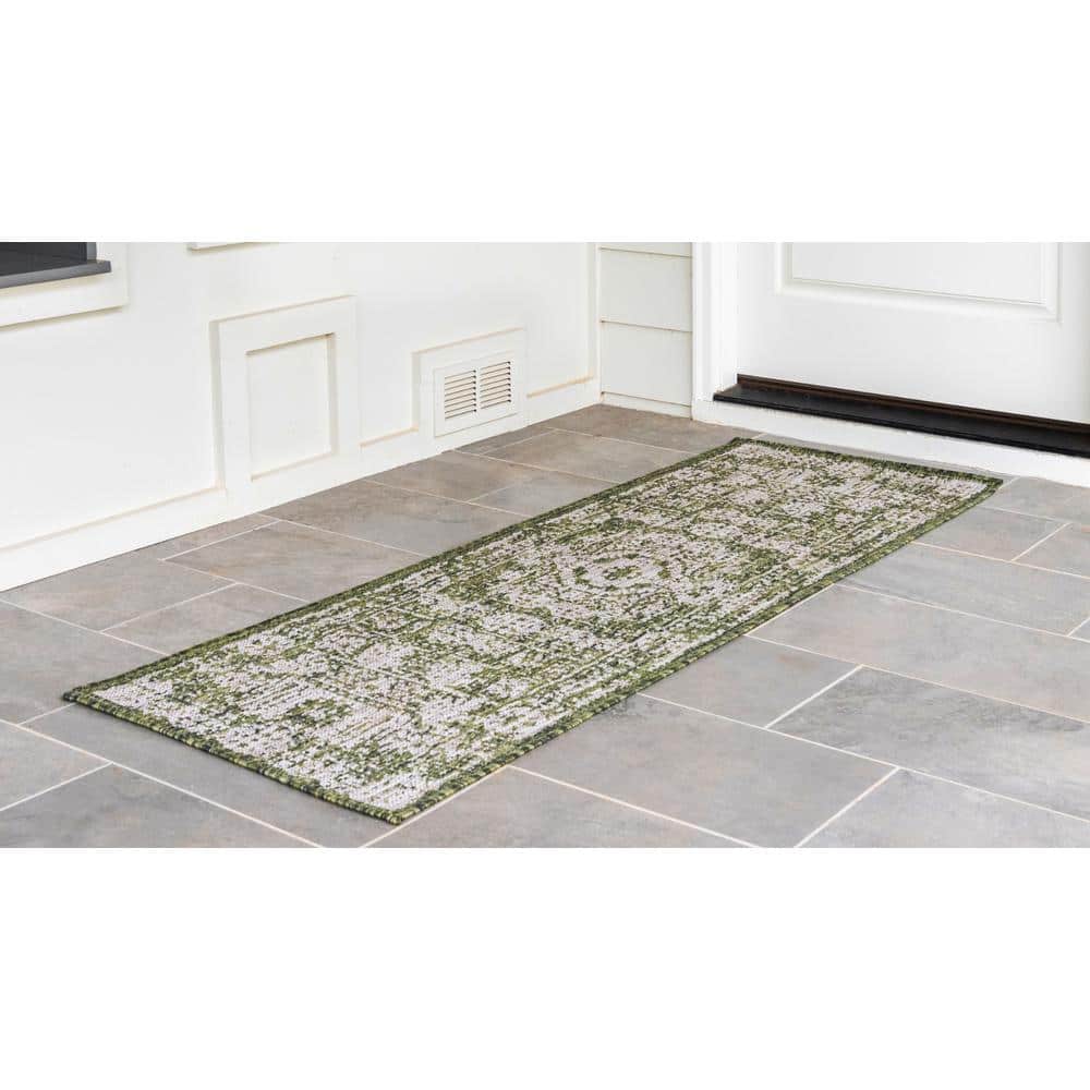 Green and Ivory Flat Woven Outdoor Runner Rug