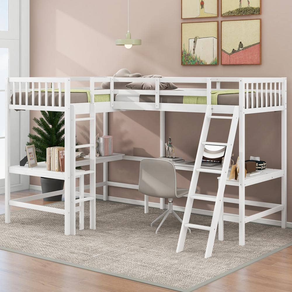 Harper & Bright Designs White Wood Twin Size Loft Bed with 2 Built-in L ...