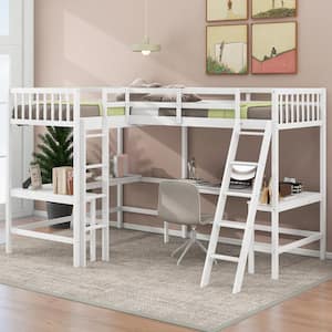 White Wood Twin Size Loft Bed with 2 Built-in L-Shaped Desks, 2-Ladders, Full-Length Bedrails