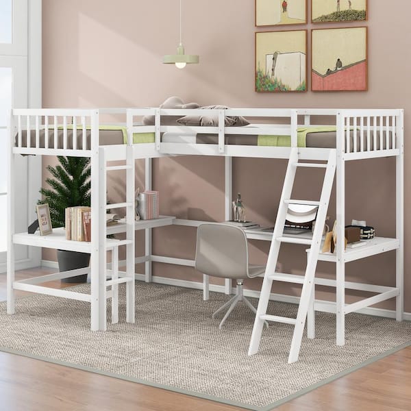 Harper & Bright Designs White Wood Twin Size Loft Bed with 2 Built-in L-Shaped Desks, 2-Ladders, Full-Length Bedrails
