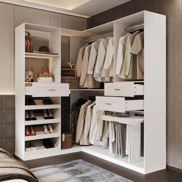 White Wood 70.9 in. Corner Bedroom Armoire with Adjustable Shelves, Drawers, Pants Rack, and Hanging Rods