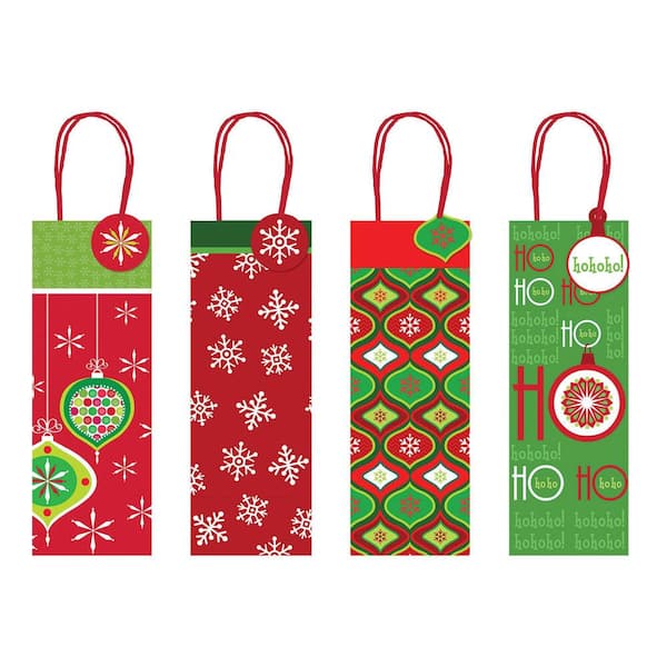Amscan 14 in. x 5 in. x 5 in. Christmas Printed Glossy Bottle Bags (4-Count, 5-Pack)