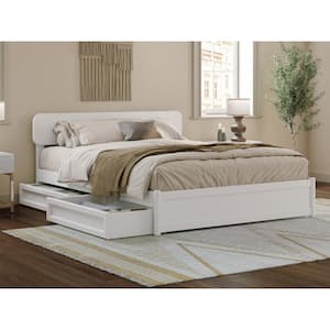 Capri White Solid Wood Frame Queen Platform Bed with Panel Footboard and Storage Drawers