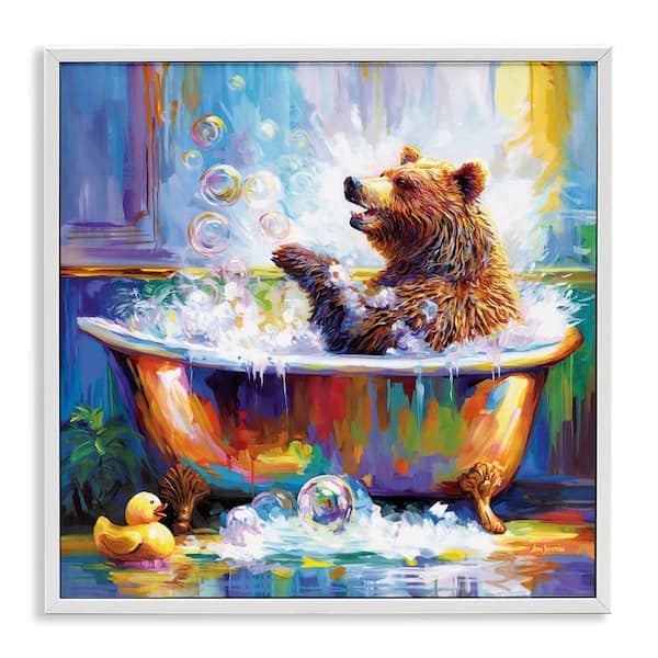 Stupell Industries Happy Bear in Bathtub by Leon Devenice White Framed Animal Giclee Art Print 24 in. x 24 in.