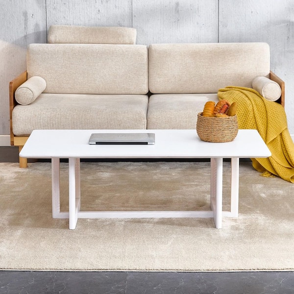 47 in. Rectangle White Solid Wood Coffee Table with Rattan Detail -Low Profile Living Room Table