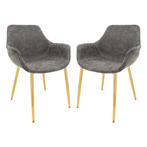 Markley Modern Leather Dining Arm Chair With Gold Metal Legs Set of 2 in Grey