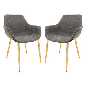 Markley Modern Leather Dining Arm Chair With Gold Metal Legs Set of 2 in Grey