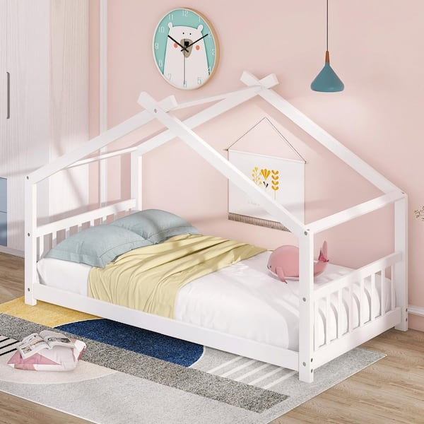 White Twin Size House Bed with Semi-enclosed Space