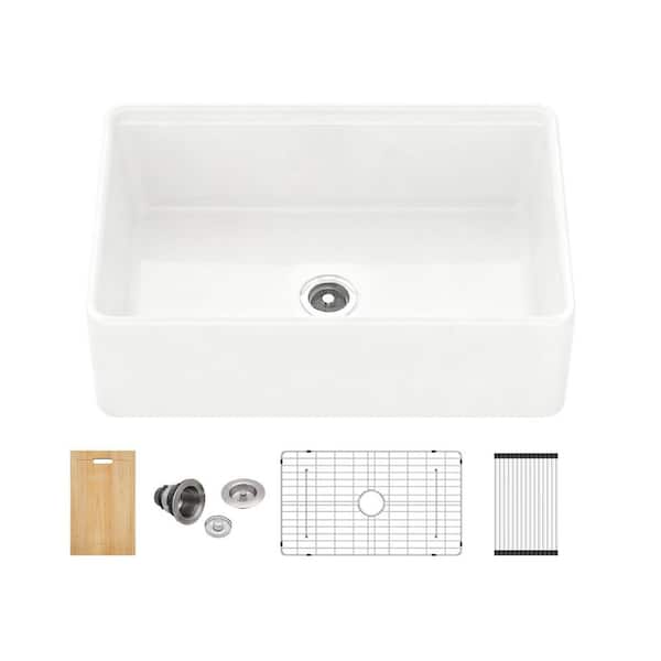 33 in. Workstation Farmhouse Sink Single Bowl Glossy White Fireclay Kitchen Sink with Ledges and Accessories