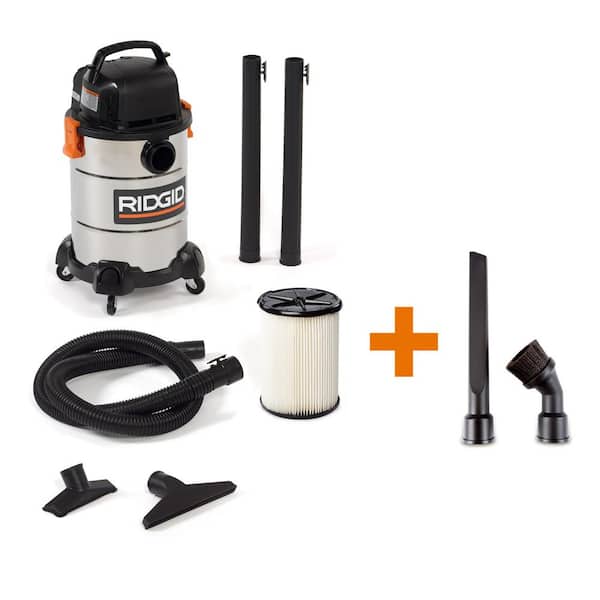 RIDGID 6 Gallon 4.25 Peak HP Stainless Steel Wet/Dry Shop Vacuum with Filter, Locking Hose and Six Accessories