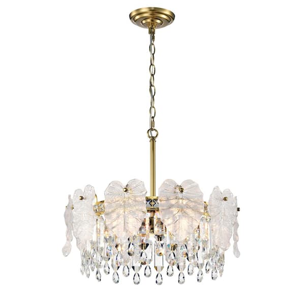 Jojospring 19 in. Dia x 16.8 in. H Gioconda 5-Light Brushed Shiny Brass Leaf-Shaped Glass Crystal Chandelier
