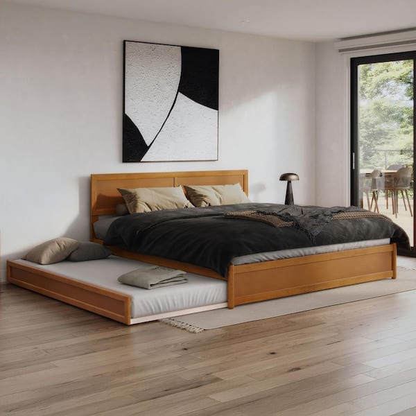 Lylah Light Toffee Natural Bronze Solid Wood Frame King Platform Bed with Panel Footboard and Twin XL Trundle