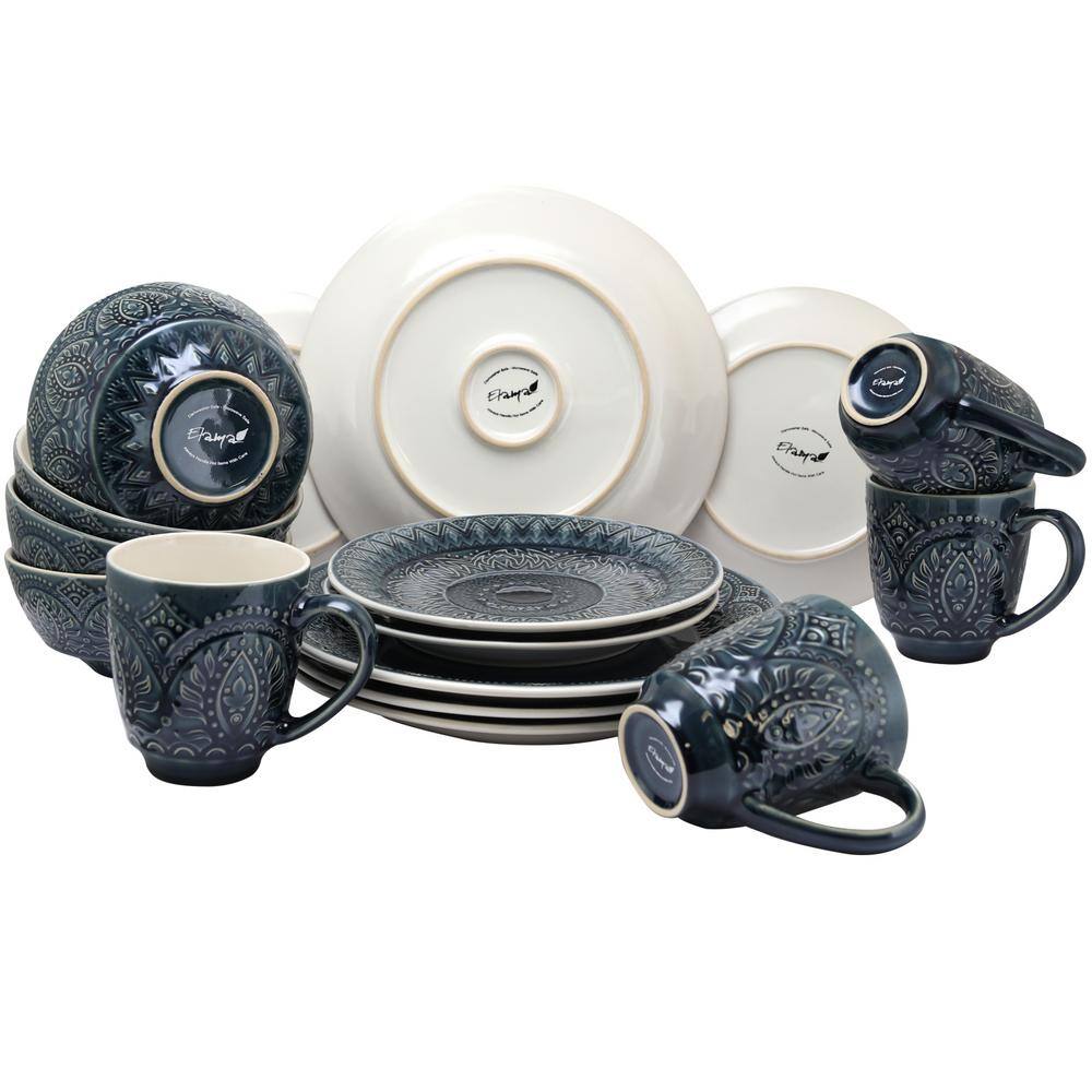 Navy Blue Embossed Ceramic 16-Piece Dinnerware Set