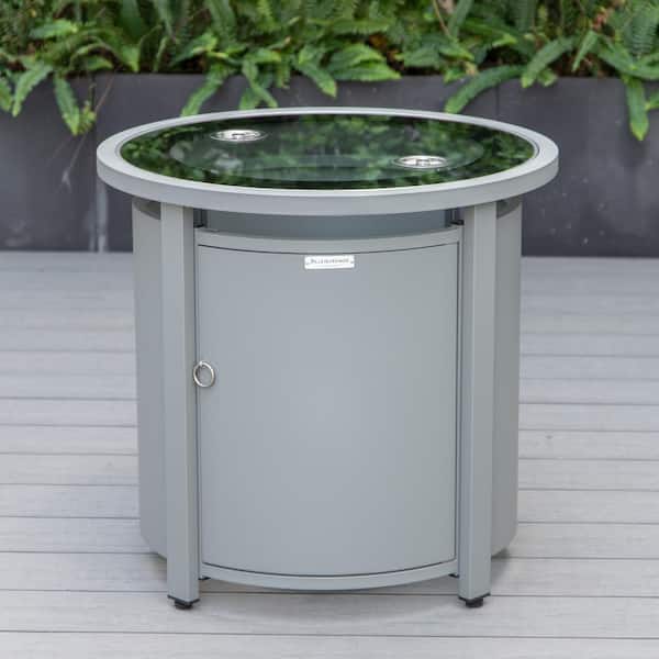 Leisuremod Walbrooke Grey Modern Round Tank Holder Table with Tempered Glass Top and Powder Coated Aluminum for Patio