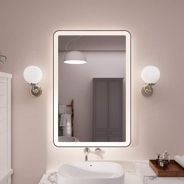 Hpeytaire 32 in. W x 24 in. H Rectangular Angle Rounded Framed Super Bright LED Wall Mounted Bathroom Vanity Mirror in Matte Black