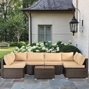 7-Piece Modern Rattan Wicker Garden Outdoor Sectional Set with Brown Cushions and Glass Table for Patio, Garden, Deck