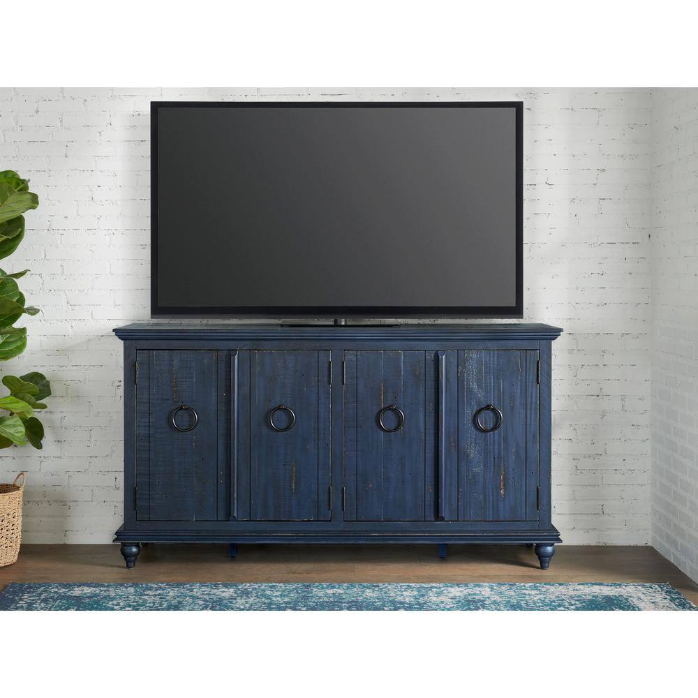 Rustic Blue 65" Solid Pine Wood TV Stand with Cabinet