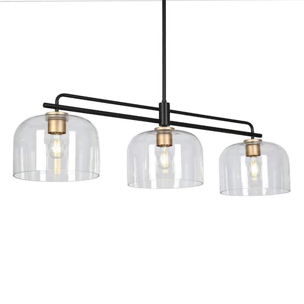Modern Industrial 43.3 in. 3-Light Linear Black Pendant Light, Kitchen Island Hanging Lamp with Dome Clear Glass Shade