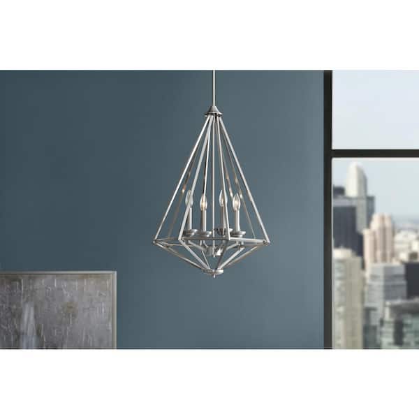Home Decorators Collection Hubley 4-Light Triangular Brushed Nickel Pendant Light Fixture with Metal Cage Shade