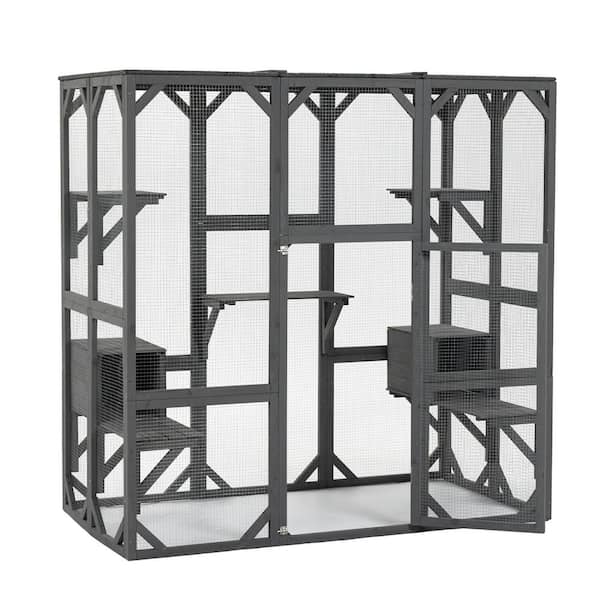 Thanaddo 71 in. Gray Outdoor Large Cat House 5-Platform Kitten Cage Wooden Catio Cat Enclosure