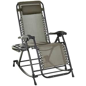 Metal Outdoor Rocking Chair in Gray, Patio Folding Chair with Pillow and Tray
