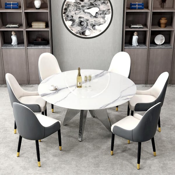 Magic Home 59 in. White Round Sintered Stone Tabletop Silver Pedestal Base Kitchen Dining Table (Seats-8)