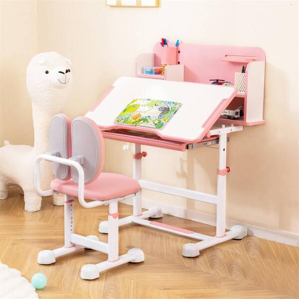 2-Piece Rectangle Wood Top Pink Kid's Study Desk and Chair Set with Tilt Desktop (31.5 in. L x 21.5 in. W x 36 in. H)