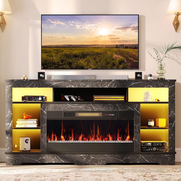 Bestier 71 in. Black Marble Freestanding Electric Fireplace TV Stand Fits TV Up to 75 in. Entertainment Center with Cabinet