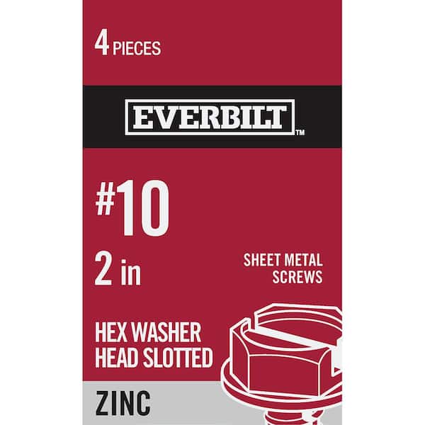 #10 x 2 in. Zinc Plated Slotted Hex Head Sheet Metal Screw (4-Pack)