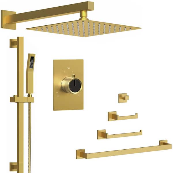 GRANDJOY 2-Spray 10in. Pressure Balance Dual Wall Mount Fixed and Handheld Shower Head 2.5GPM with Towel Rack Set in Brushed Gold