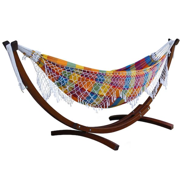 VIVERE 10 ft. Authentic Brazilian Hammock Bed with Solid Pine Arc Stand in Carnival
