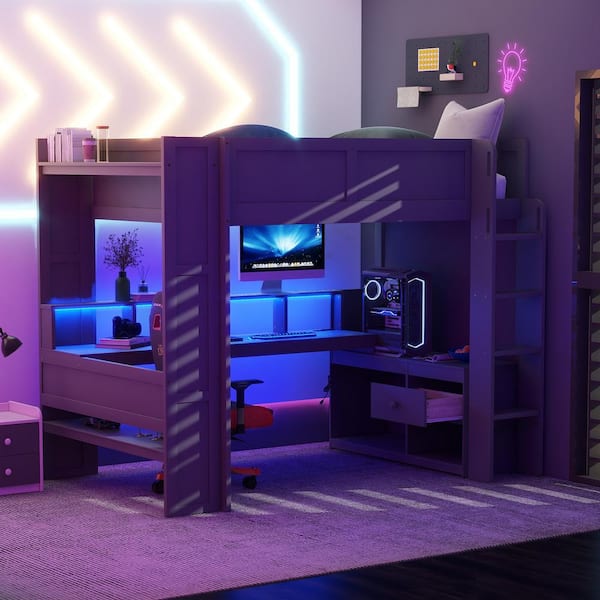 Dark Gray Full Gaming Loft Bed with Desk, LED Strip and Charging Station