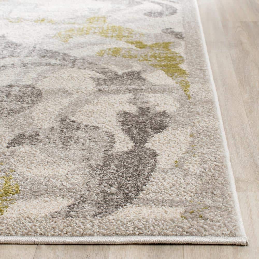 Ivory Light Grey Floral Square Synthetic Easy-Care Rug