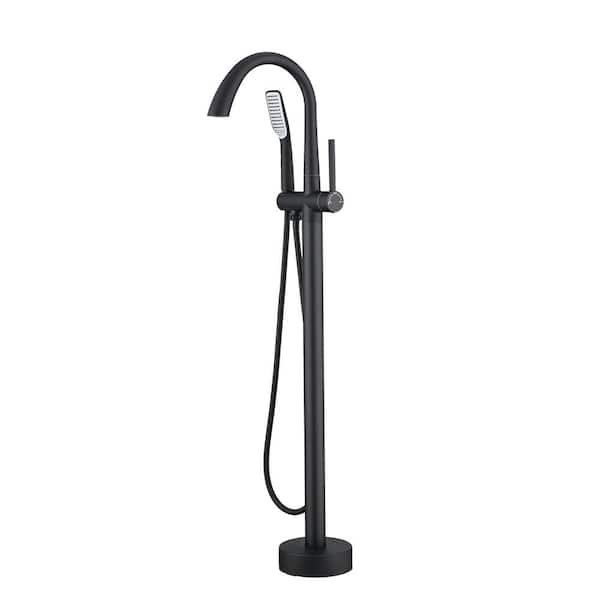 Unbranded 1-Handle Free Standing Floor Mount Tub Faucet Bathtub Filler with Hand Shower in Matte Black