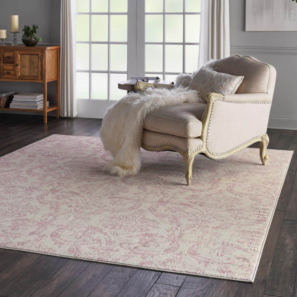 Ivory and Pink Synthetic Damask 7' x 10' Area Rug