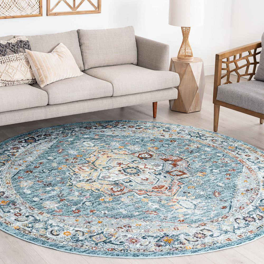 Veranda Modern 5.25' Round Gray Blue Synthetic Area Rug