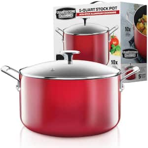 5 qt. Round Red Aluminum Nonstick Ultra-Durable Mineral and Diamond Coating Gradient Brasier Stock Pot with Lid