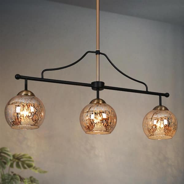 Zevni Farmhouse Black Dining Room Hanging Pendant Light, 28.5 in. 3-Light Modern Brass Pendant Light, Mercury Glass Chandelier