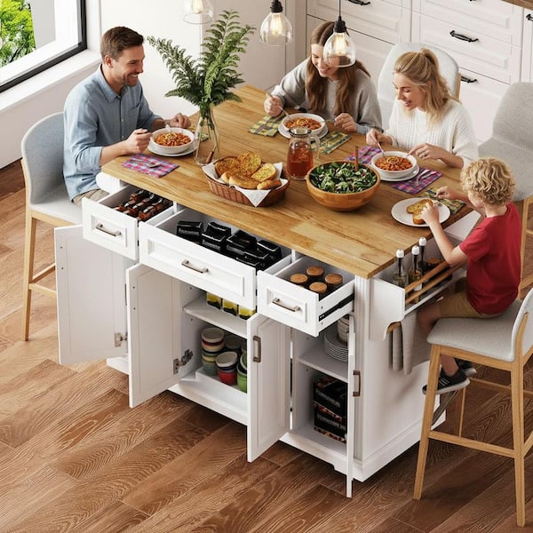 Rustic Coastal White Wood 54 in. Rubber Wood Drop Leaf Rolling Kitchen Island with 4-Door and 3-Drawer