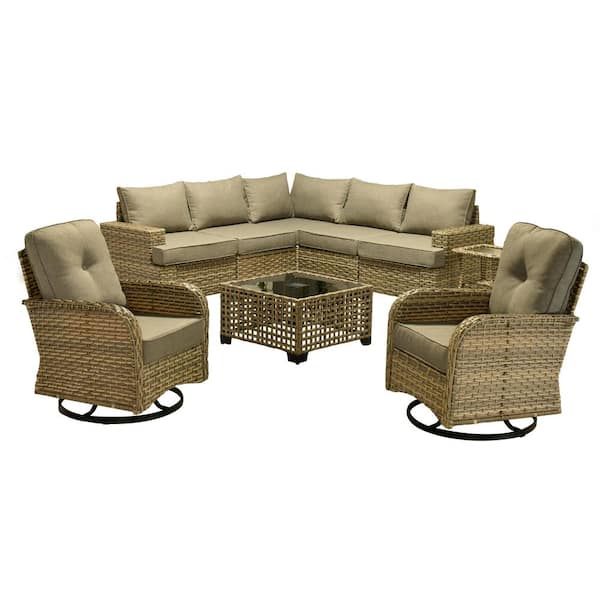Aimee 9-Piece Wicker Patio Conversation Seating Sofa Set with Dark Gray Cushions and Swivel Rocking Chairs