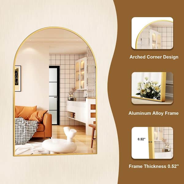 20 in. W x 30 in. H Arched Bathroom Mirror Gold Mirror Aluminum Alloy Frame Wall Mirror